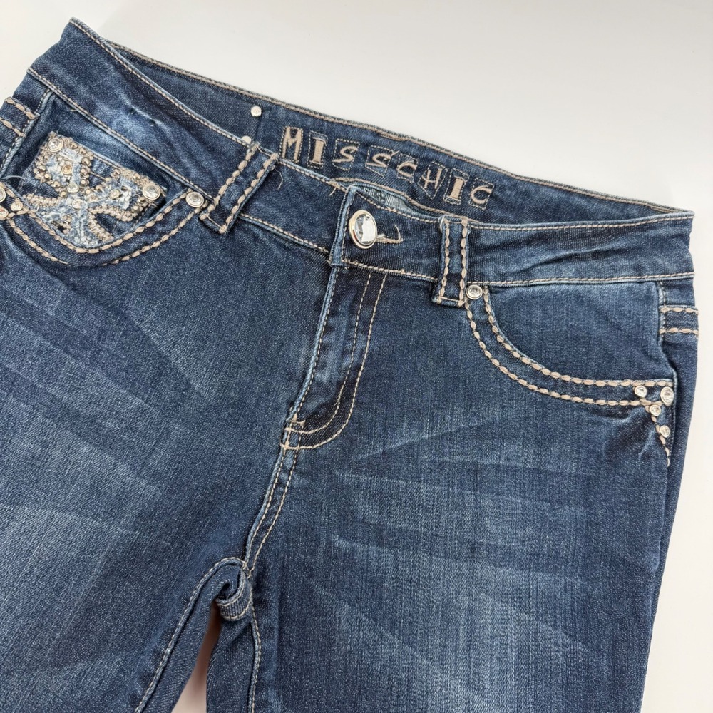 Miss Chic Bootcut Jeans Women 11 Blue Dark Wash Rhinestone Cross Embellished Y2K
